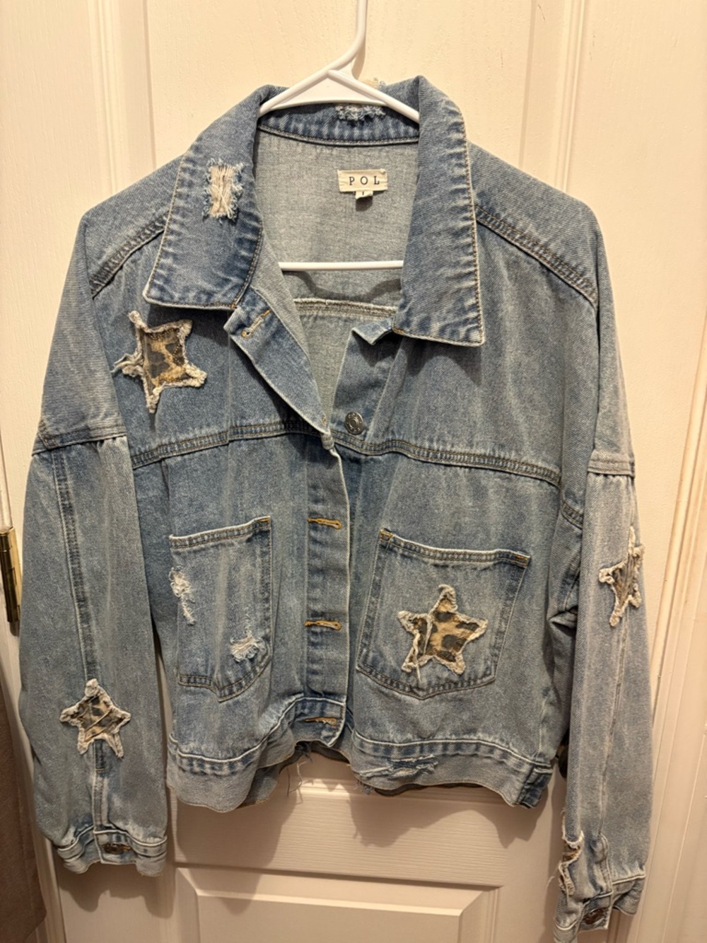 POL Light Blue Distressed Denim Jacket with Star Appliqués